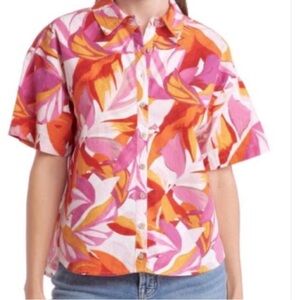 Bright Floral Button-Up Shirt in Pink and Orange XL